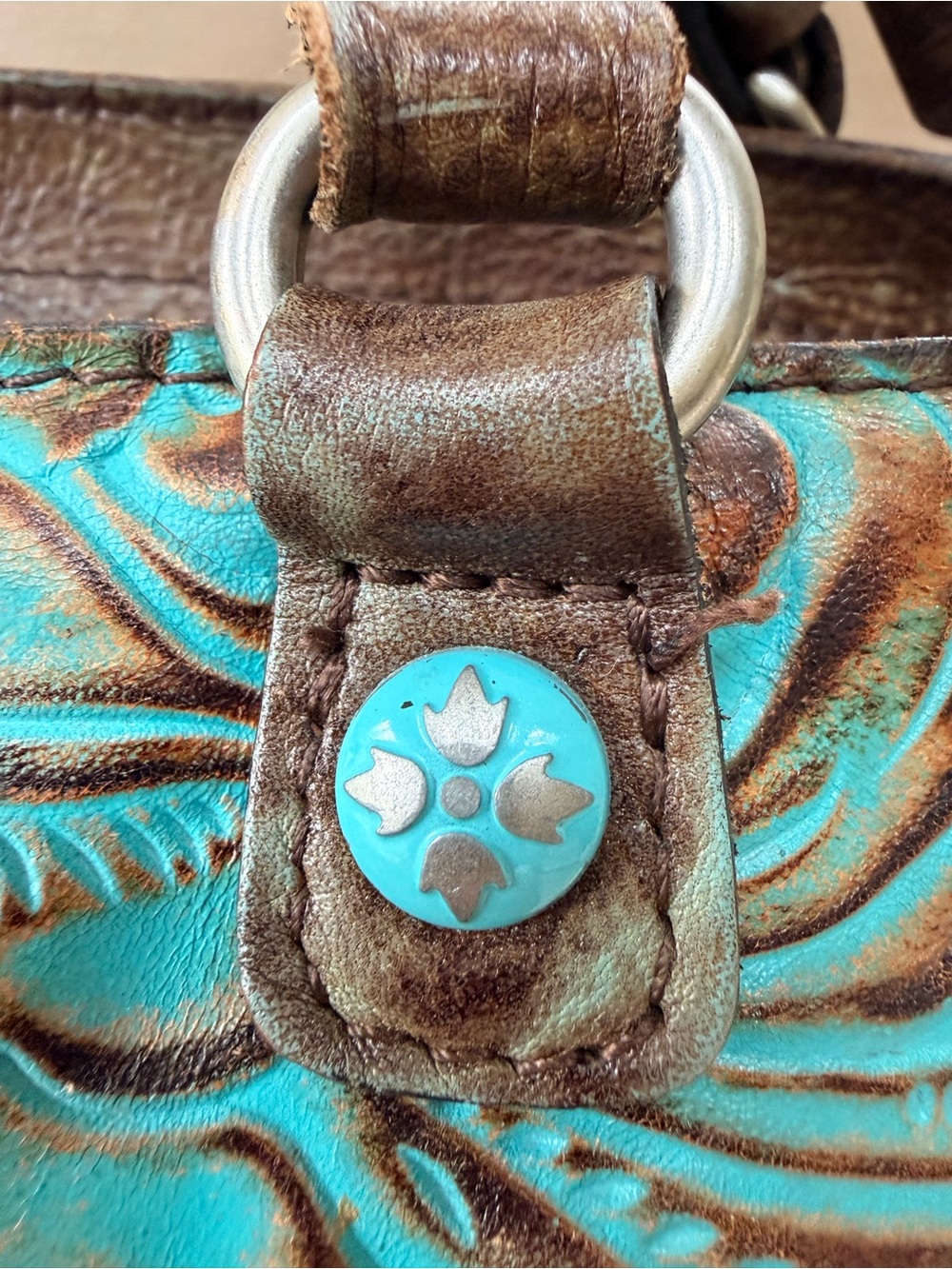 Patricia Nash Large Tooled Leather Turquoise Floral Tote Bag. - Picture 4 of 13